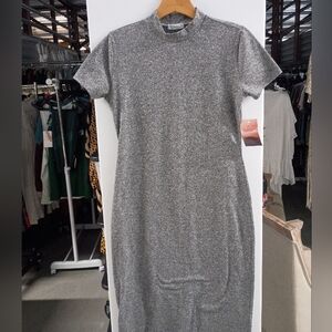 Everly Silver Sheath Dress Short Sleeve Mock Neck